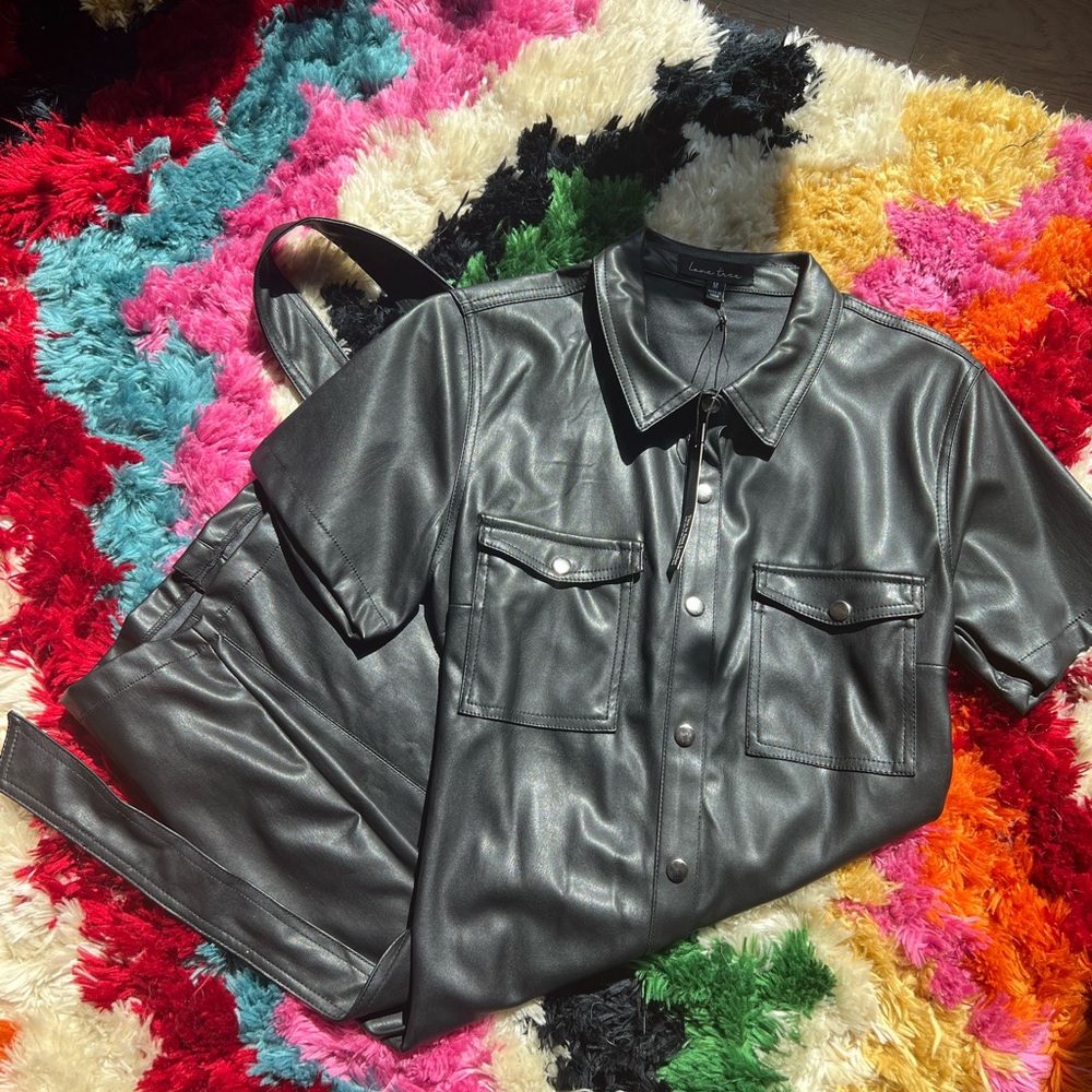 Black Faux Leather Shirt Dress